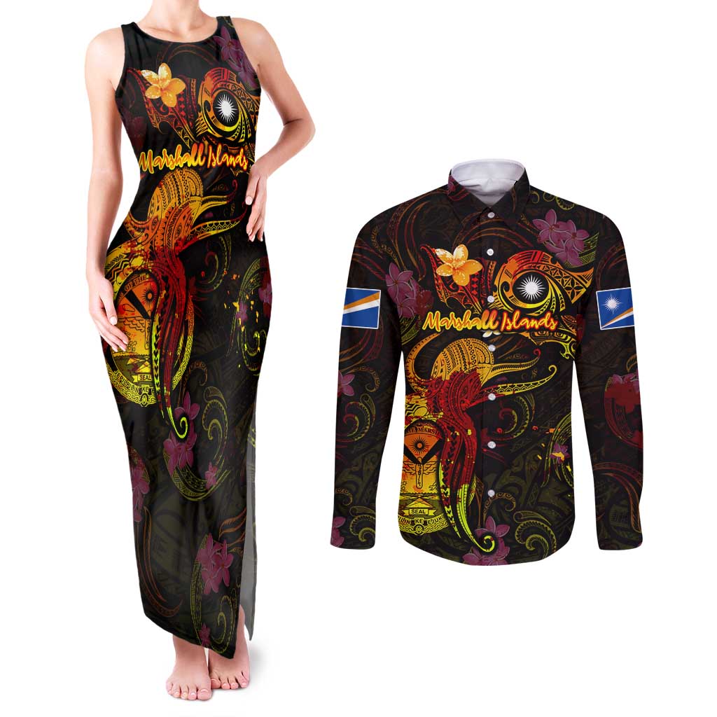Marshall Islands Couples Matching Tank Maxi Dress and Long Sleeve Button Shirt Octopus Plumeria Polynesian Tattoo