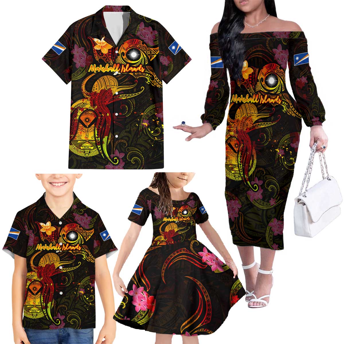 Marshall Islands Family Matching Off The Shoulder Long Sleeve Dress and Hawaiian Shirt Octopus Plumeria Polynesian Tattoo