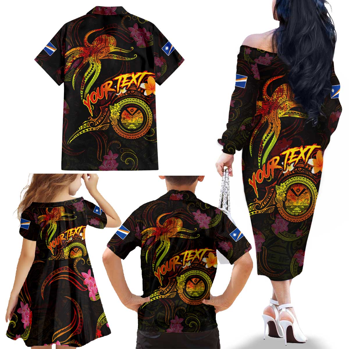 Marshall Islands Family Matching Off The Shoulder Long Sleeve Dress and Hawaiian Shirt Octopus Plumeria Polynesian Tattoo
