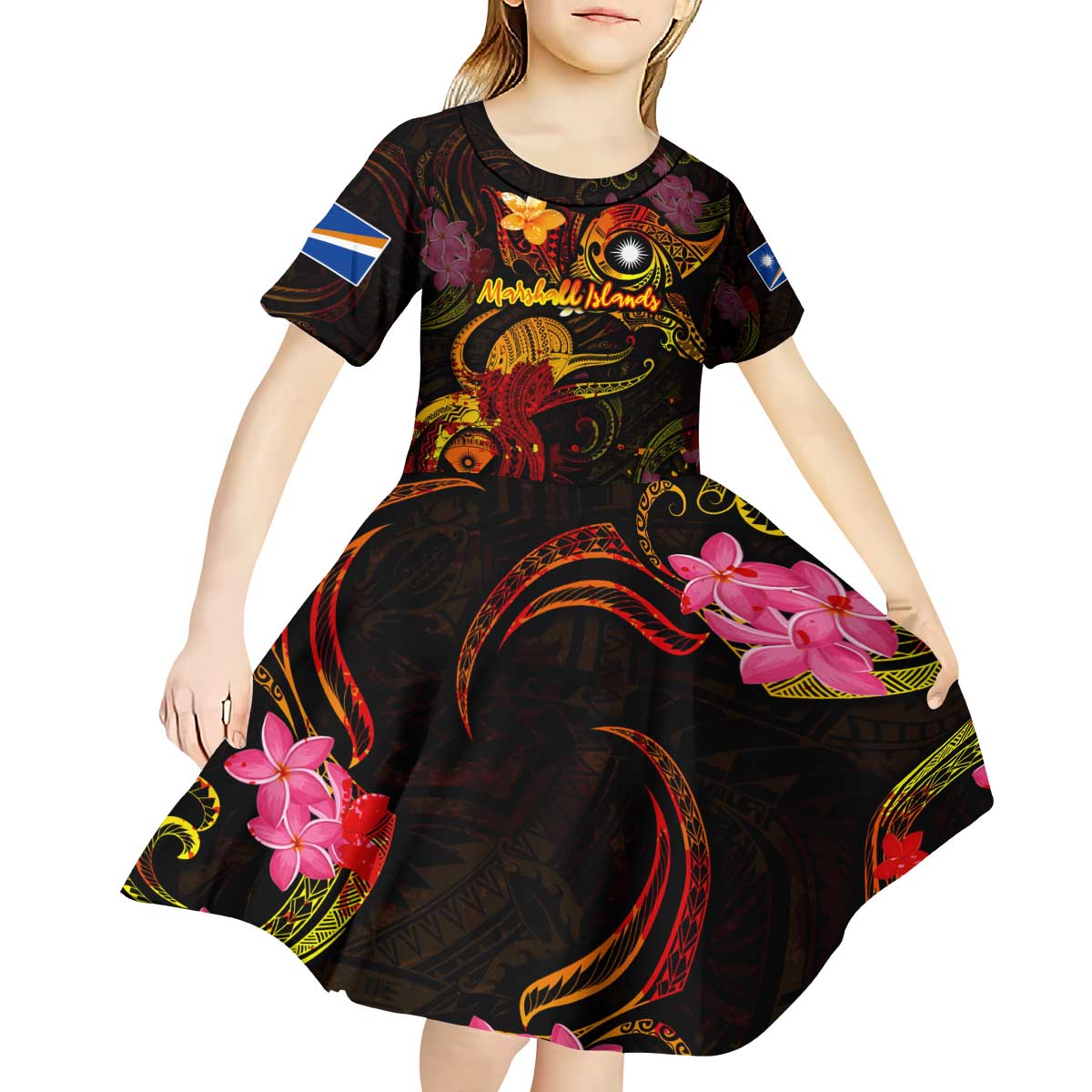 Marshall Islands Kid Short Sleeve Dress Octopus Plumeria Polynesian Tattoo