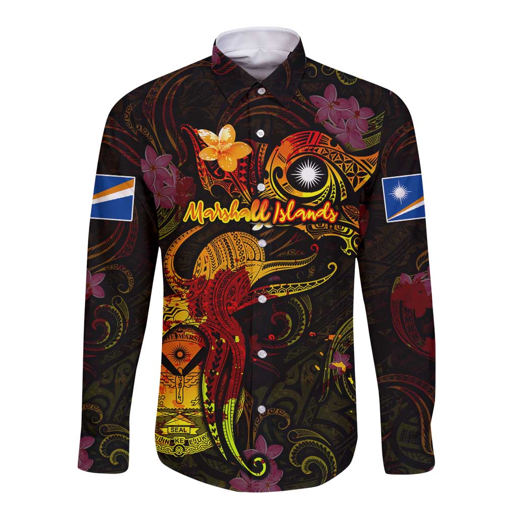 Marshall Islands Long Sleeve Button Shirt Octopus Plumeria Polynesian Tattoo