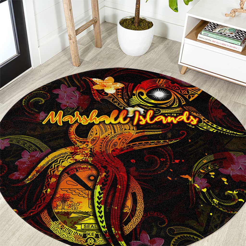 Marshall Islands Round Carpet Octopus Plumeria Polynesian Tattoo DT02 Black - Polynesian Pride