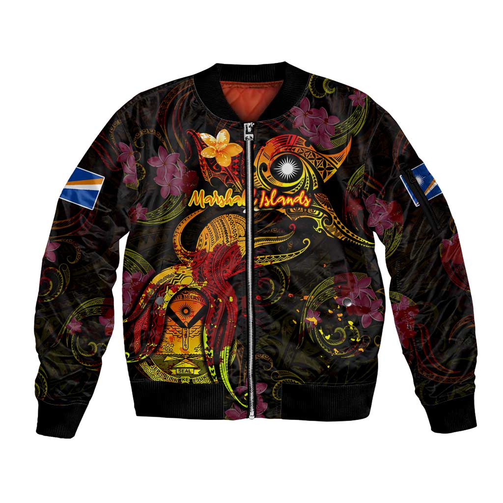 Marshall Islands Sleeve Zip Bomber Jacket Octopus Plumeria Polynesian Tattoo DT02 Unisex Black - Polynesian Pride