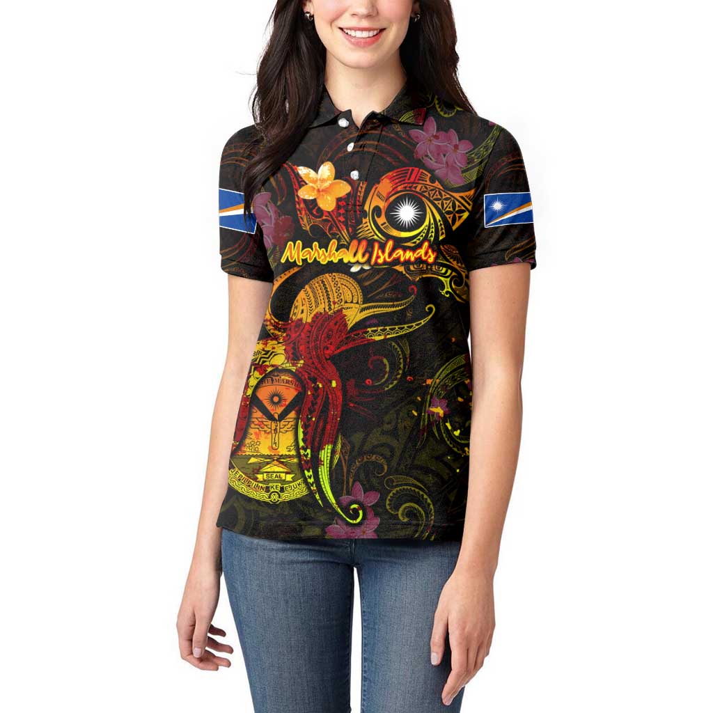 Marshall Islands Women Polo Shirt Octopus Plumeria Polynesian Tattoo