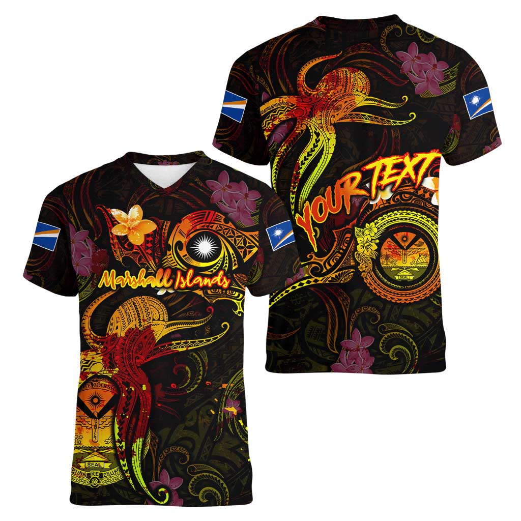 Marshall Islands Women V-Neck T-Shirt Octopus Plumeria Polynesian Tattoo
