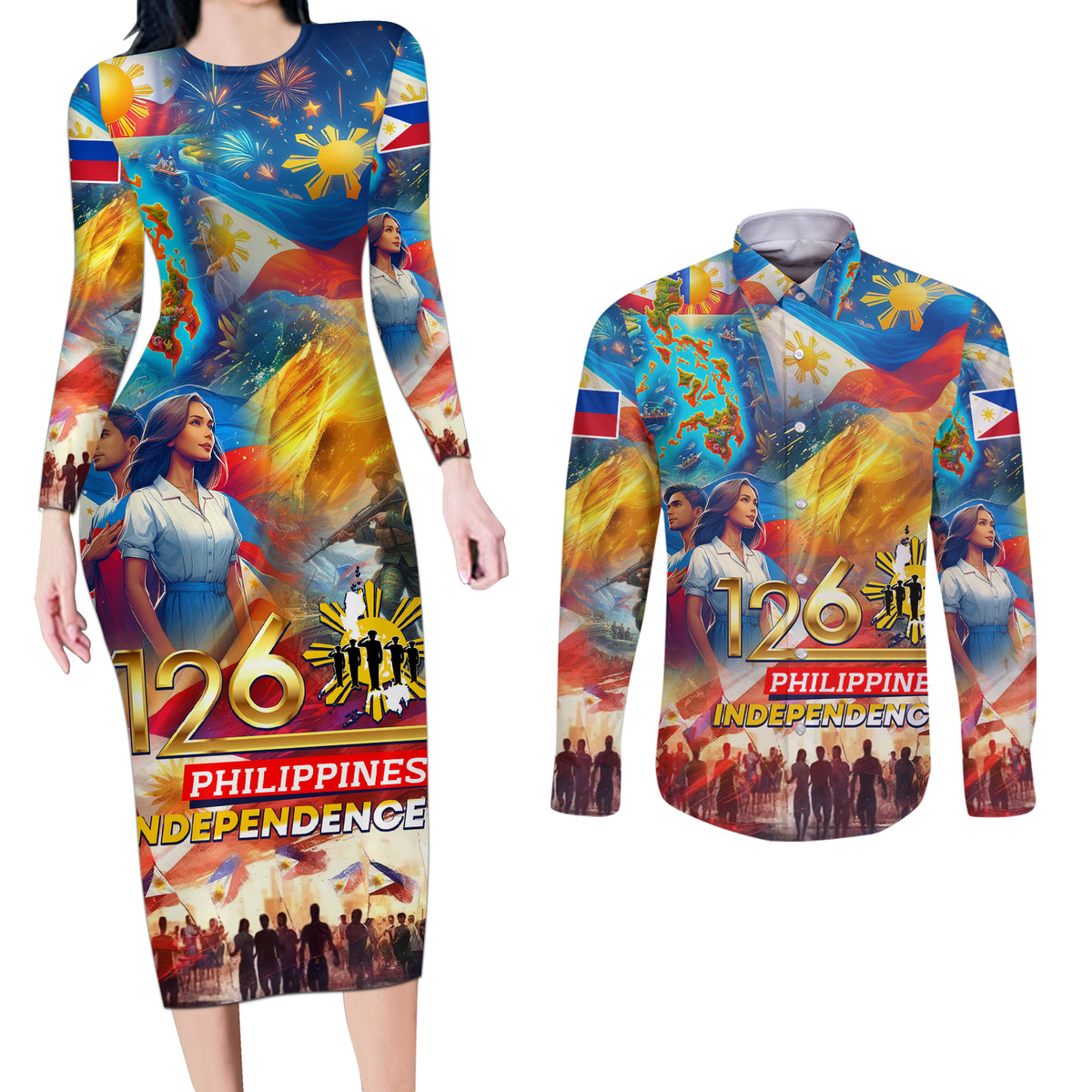 Custom The Philippines 126th Independence Anniversary Couples Matching Long Sleeve Bodycon Dress and Long Sleeve Button Shirt Art Style