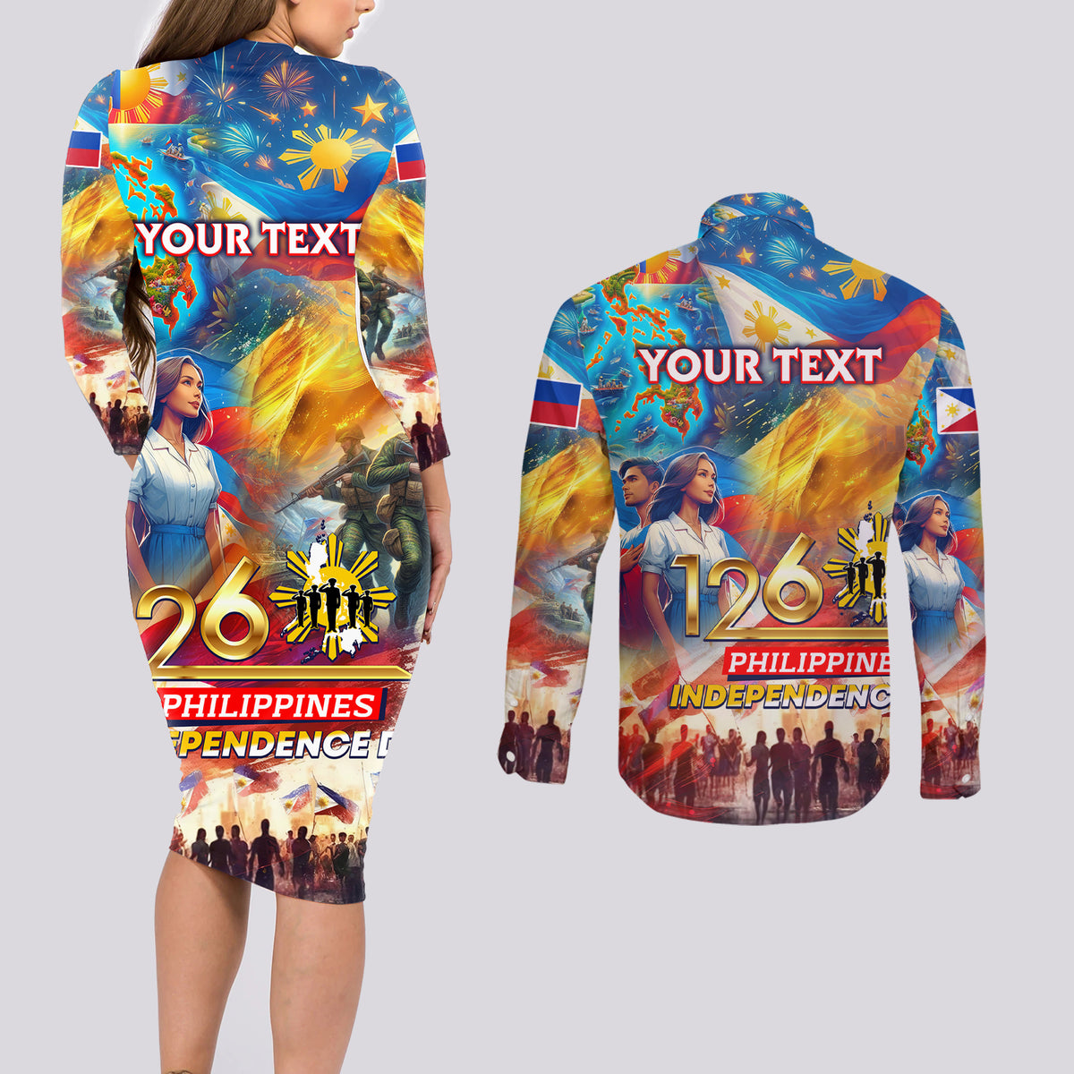 Custom The Philippines 126th Independence Anniversary Couples Matching Long Sleeve Bodycon Dress and Long Sleeve Button Shirt Art Style