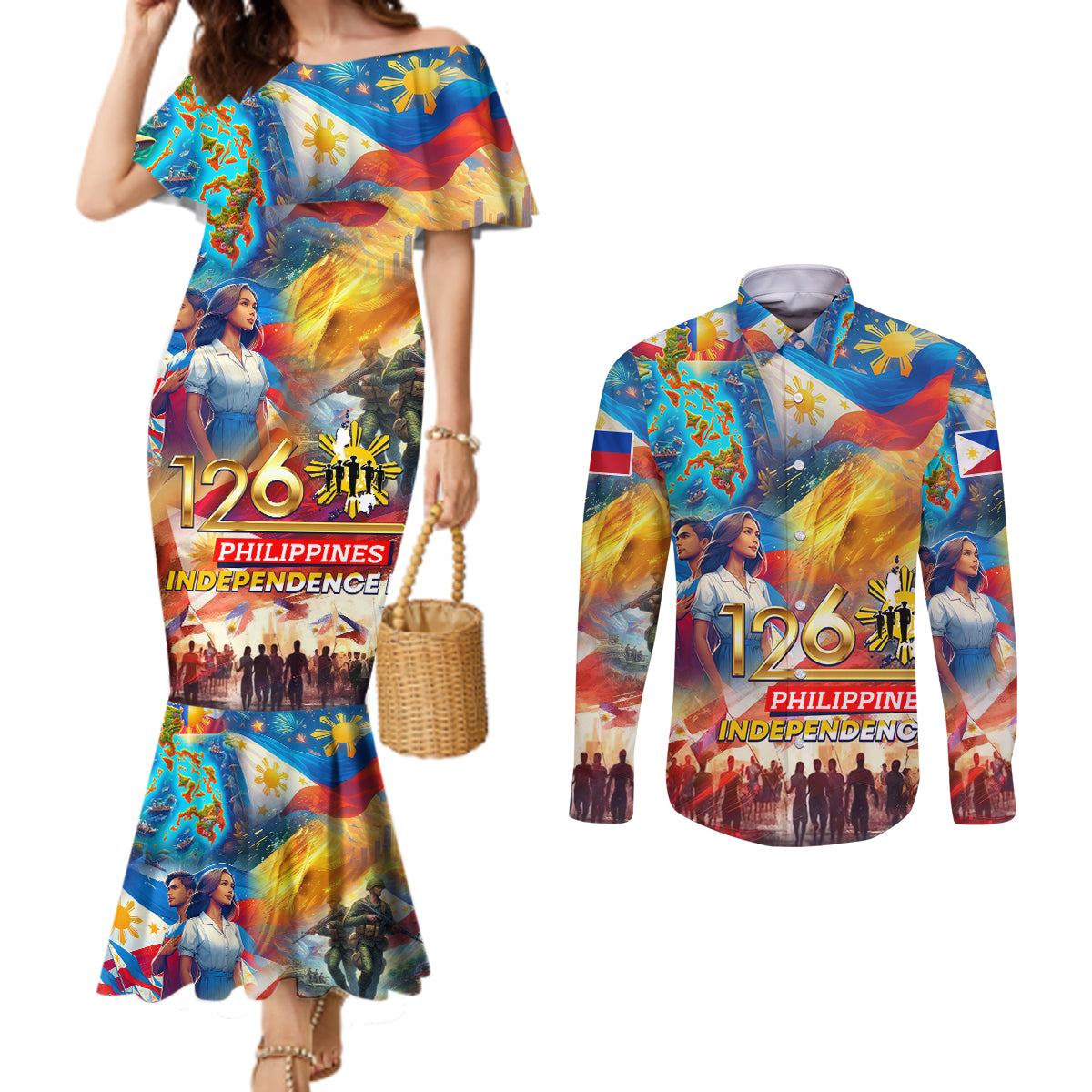 Custom The Philippines 126th Independence Anniversary Couples Matching Mermaid Dress and Long Sleeve Button Shirt Art Style
