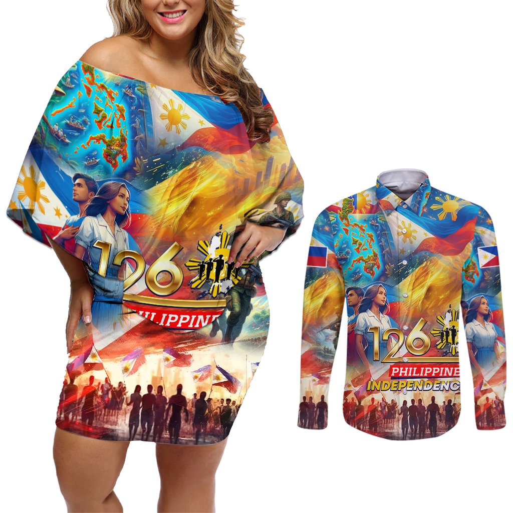 Custom The Philippines 126th Independence Anniversary Couples Matching Off Shoulder Short Dress and Long Sleeve Button Shirt Art Style DT02 Art - Polynesian Pride
