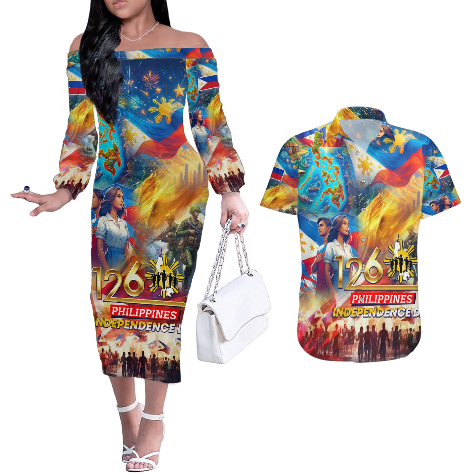 Custom The Philippines 126th Independence Anniversary Couples Matching Off The Shoulder Long Sleeve Dress and Hawaiian Shirt Art Style DT02 Art - Polynesian Pride