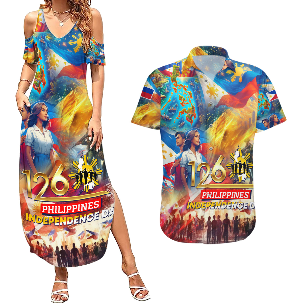 Custom The Philippines 126th Independence Anniversary Couples Matching Summer Maxi Dress and Hawaiian Shirt Art Style