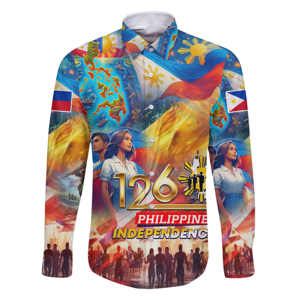 Custom The Philippines 126th Independence Anniversary Family Matching Long Sleeve Bodycon Dress and Hawaiian Shirt Art Style DT02 Dad's Shirt - Long Sleeve Art - Polynesian Pride