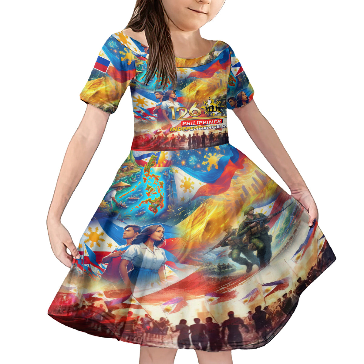 Custom The Philippines 126th Independence Anniversary Family Matching Off Shoulder Short Dress and Hawaiian Shirt Art Style DT02 Daughter's Dress Art - Polynesian Pride