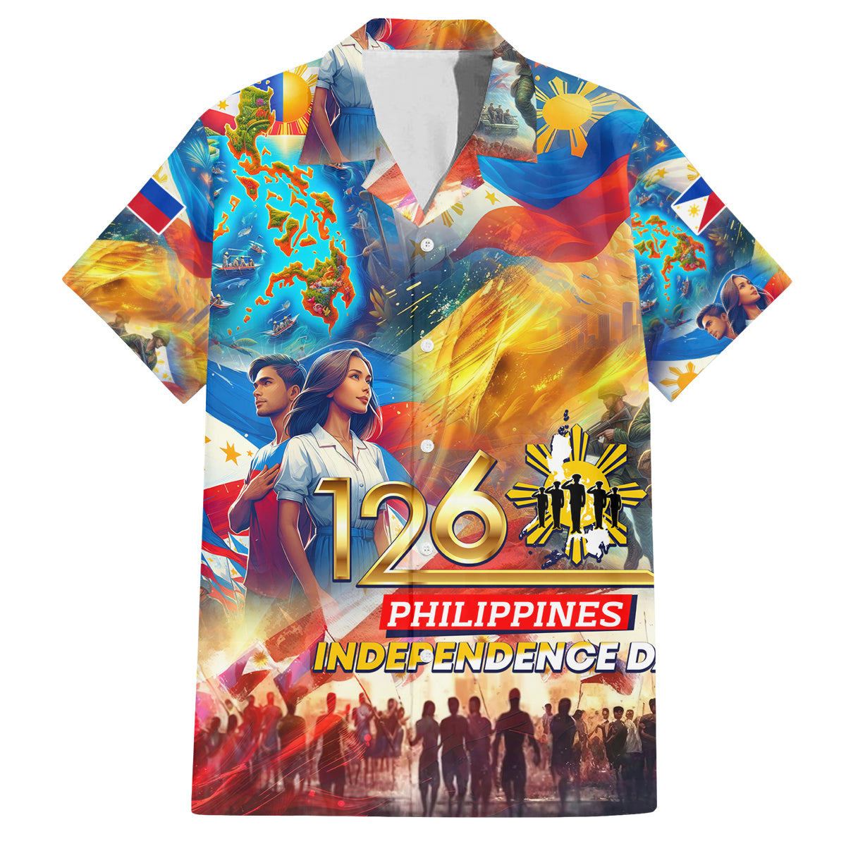 Custom The Philippines 126th Independence Anniversary Family Matching Off Shoulder Short Dress and Hawaiian Shirt Art Style DT02 Dad's Shirt - Short Sleeve Art - Polynesian Pride