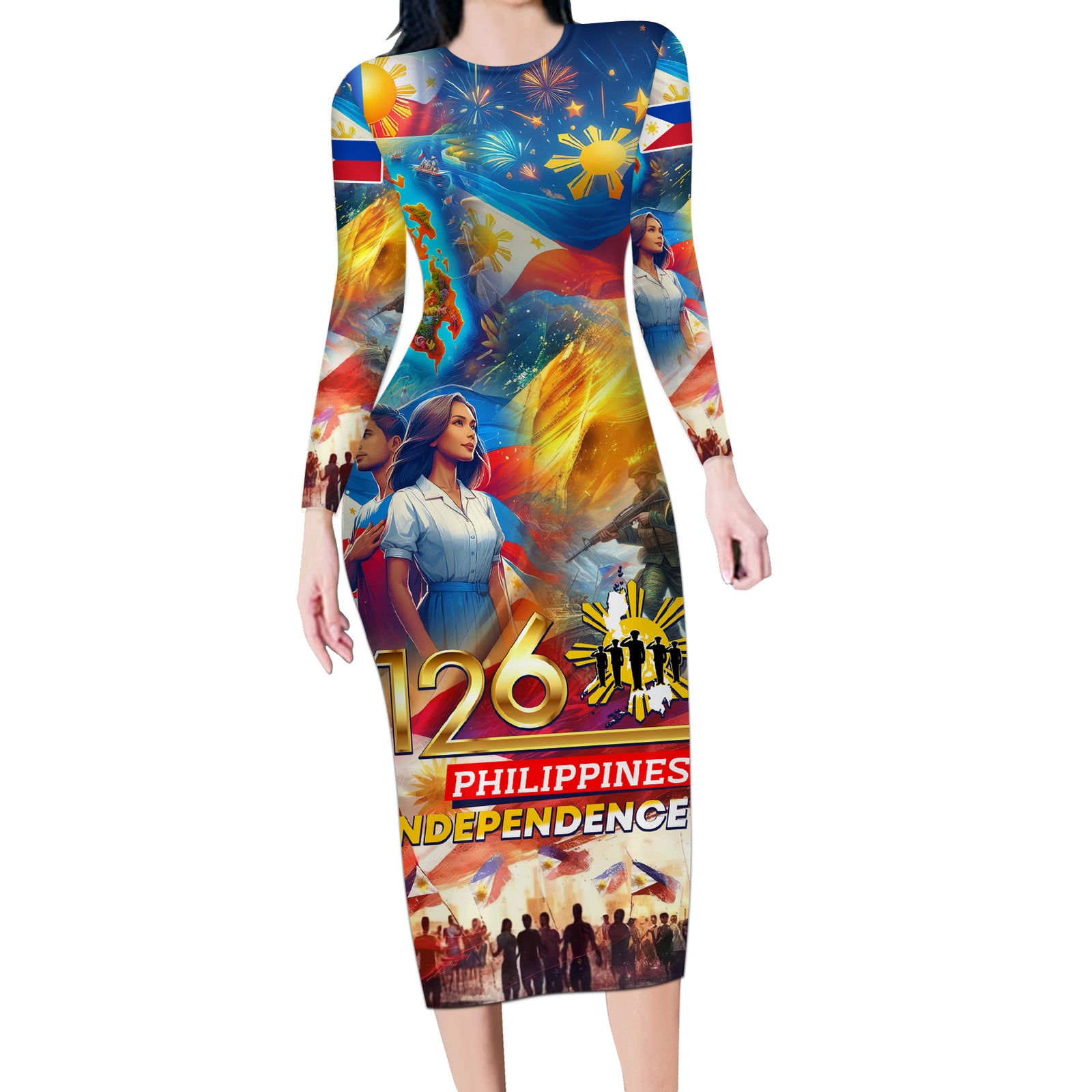 Custom The Philippines 126th Independence Anniversary Long Sleeve Bodycon Dress Art Style DT02 Long Dress Art - Polynesian Pride