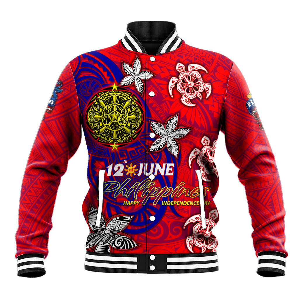 Personalized Philippines 12 June Independence Day Baseball Jacket Polynesian Turtle Plumeria DT02 Unisex Red - Polynesian Pride