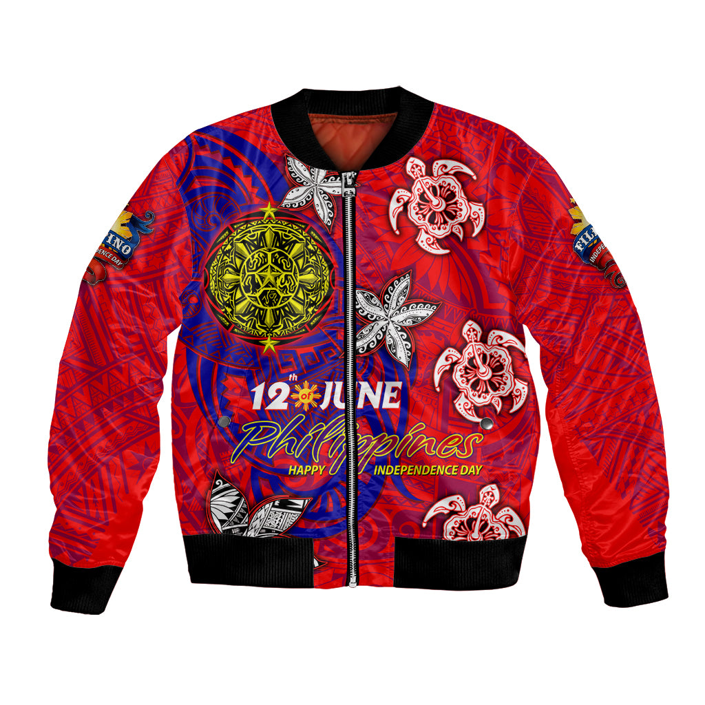 Personalized Philippines 12 June Independence Day Bomber Jacket Polynesian Turtle Plumeria DT02 Unisex Red - Polynesian Pride
