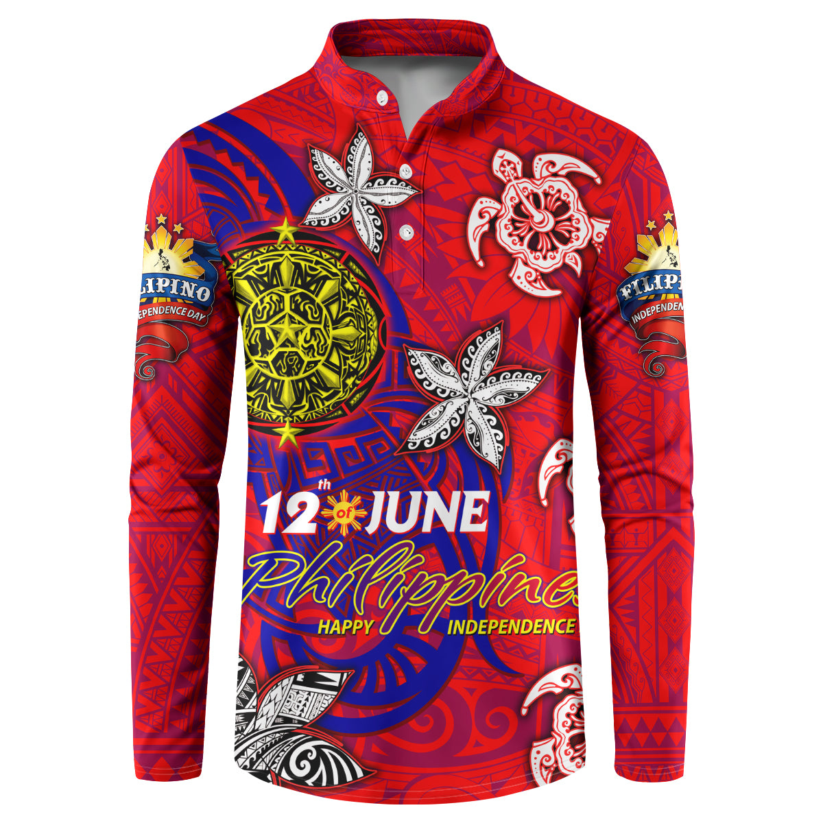 Personalized Philippines 12 June Independence Day Button Sweatshirt Polynesian Turtle Plumeria DT02 Red - Polynesian Pride