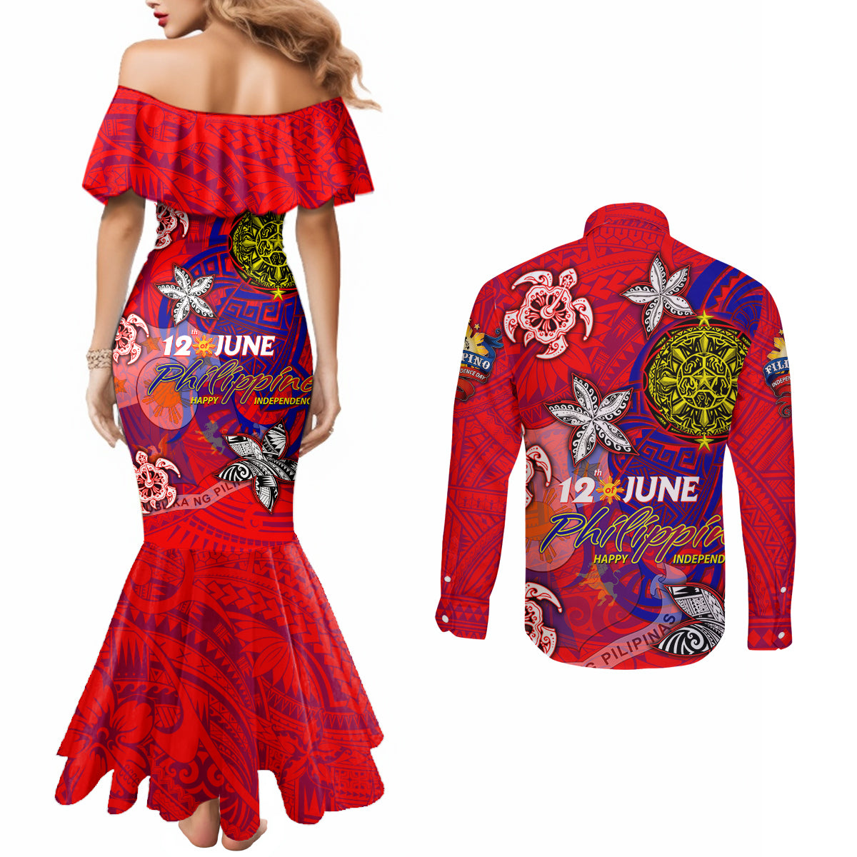 Personalized Philippines 12 June Independence Day Couples Matching Mermaid Dress and Long Sleeve Button Shirt Polynesian Turtle Plumeria