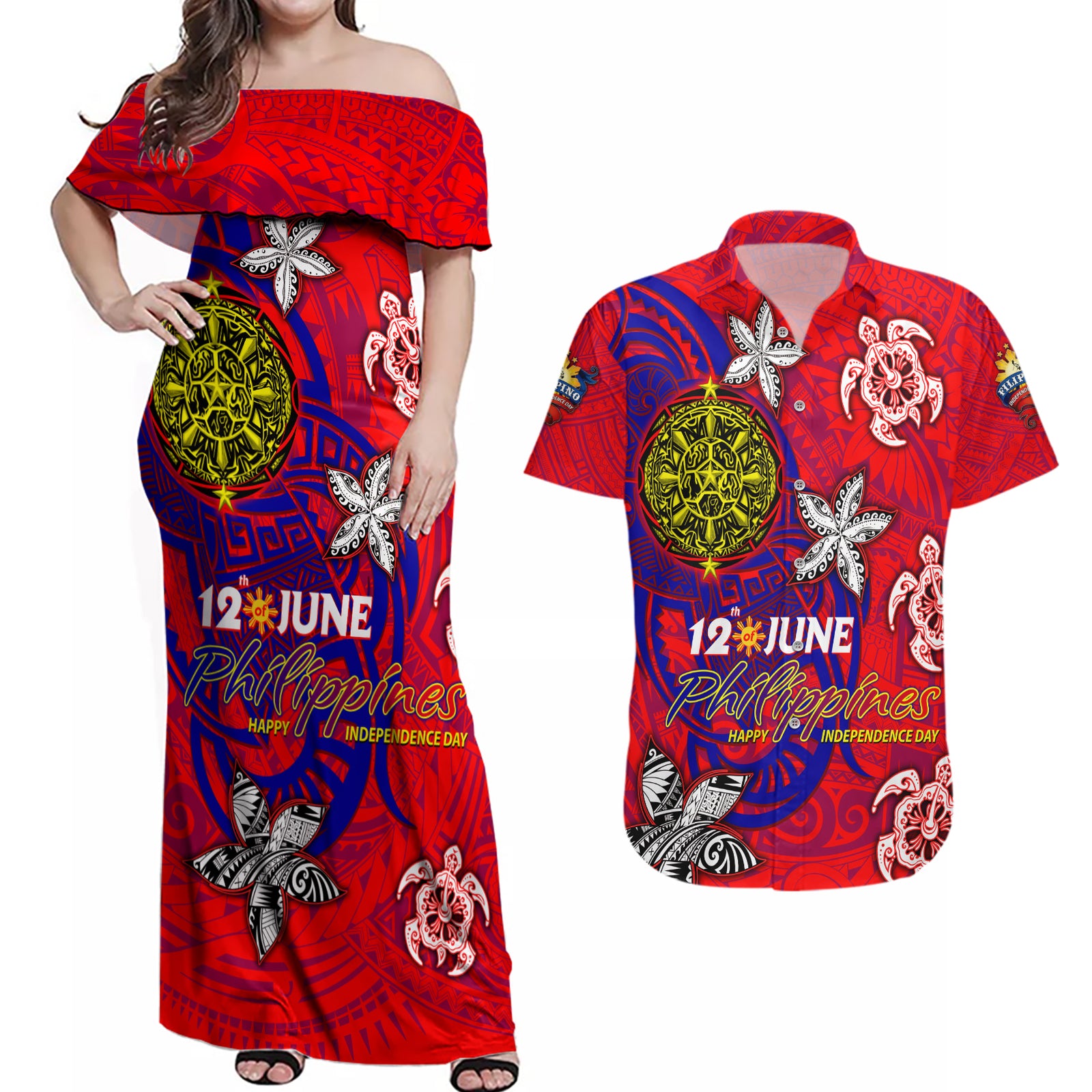 Personalized Philippines 12 June Independence Day Couples Matching Off Shoulder Maxi Dress and Hawaiian Shirt Polynesian Turtle Plumeria DT02 Red - Polynesian Pride
