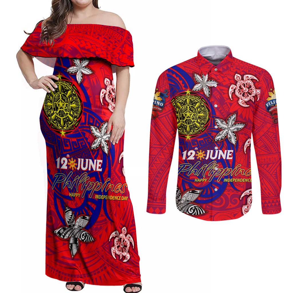 Personalized Philippines 12 June Independence Day Couples Matching Off Shoulder Maxi Dress and Long Sleeve Button Shirt Polynesian Turtle Plumeria DT02 Red - Polynesian Pride