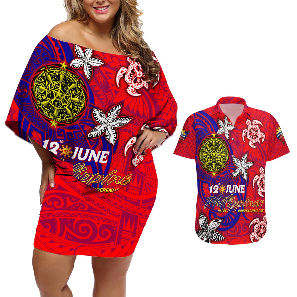 Personalized Philippines 12 June Independence Day Couples Matching Off Shoulder Short Dress and Hawaiian Shirt Polynesian Turtle Plumeria DT02 Red - Polynesian Pride