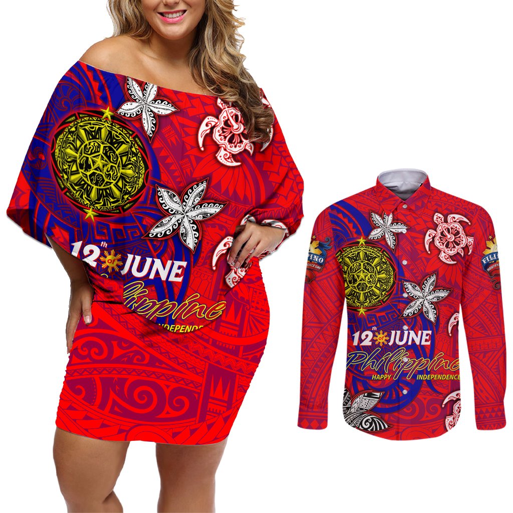 Personalized Philippines 12 June Independence Day Couples Matching Off Shoulder Short Dress and Long Sleeve Button Shirt Polynesian Turtle Plumeria DT02 Red - Polynesian Pride
