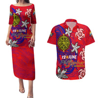 Personalized Philippines 12 June Independence Day Couples Matching Puletasi and Hawaiian Shirt Polynesian Turtle Plumeria