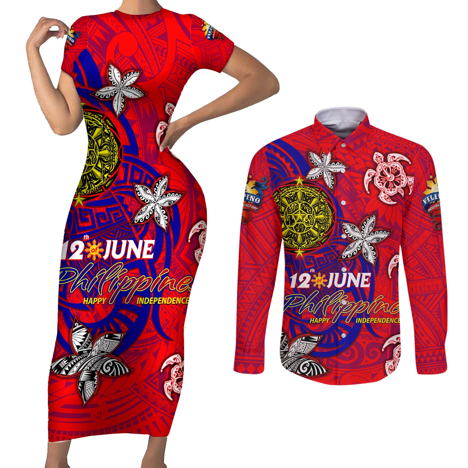 Personalized Philippines 12 June Independence Day Couples Matching Short Sleeve Bodycon Dress and Long Sleeve Button Shirt Polynesian Turtle Plumeria DT02 Red - Polynesian Pride