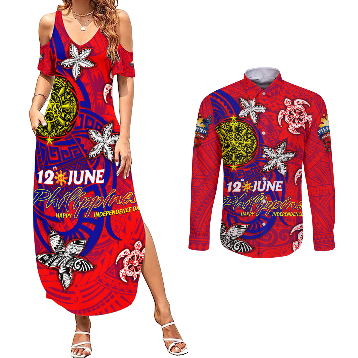 Personalized Philippines 12 June Independence Day Couples Matching Summer Maxi Dress and Long Sleeve Button Shirt Polynesian Turtle Plumeria