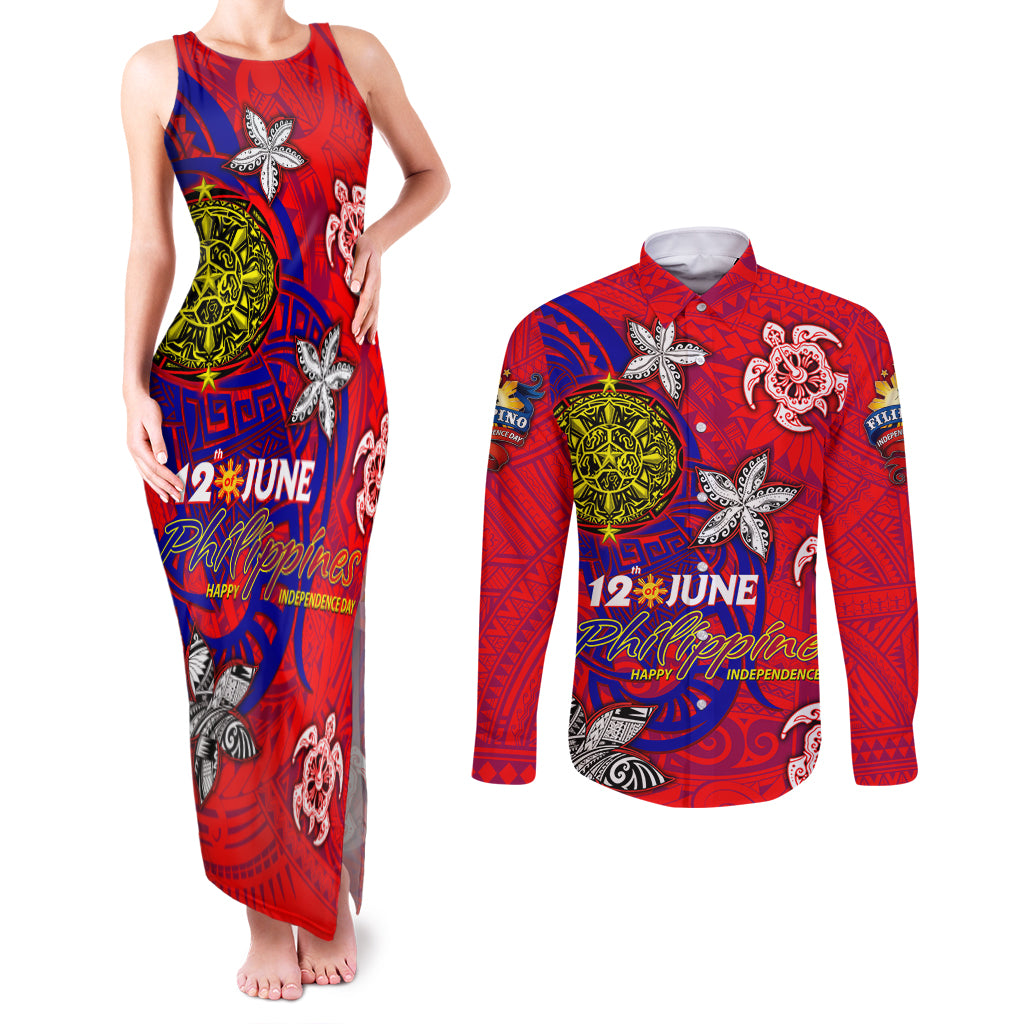 Personalized Philippines 12 June Independence Day Couples Matching Tank Maxi Dress and Long Sleeve Button Shirt Polynesian Turtle Plumeria DT02 Red - Polynesian Pride