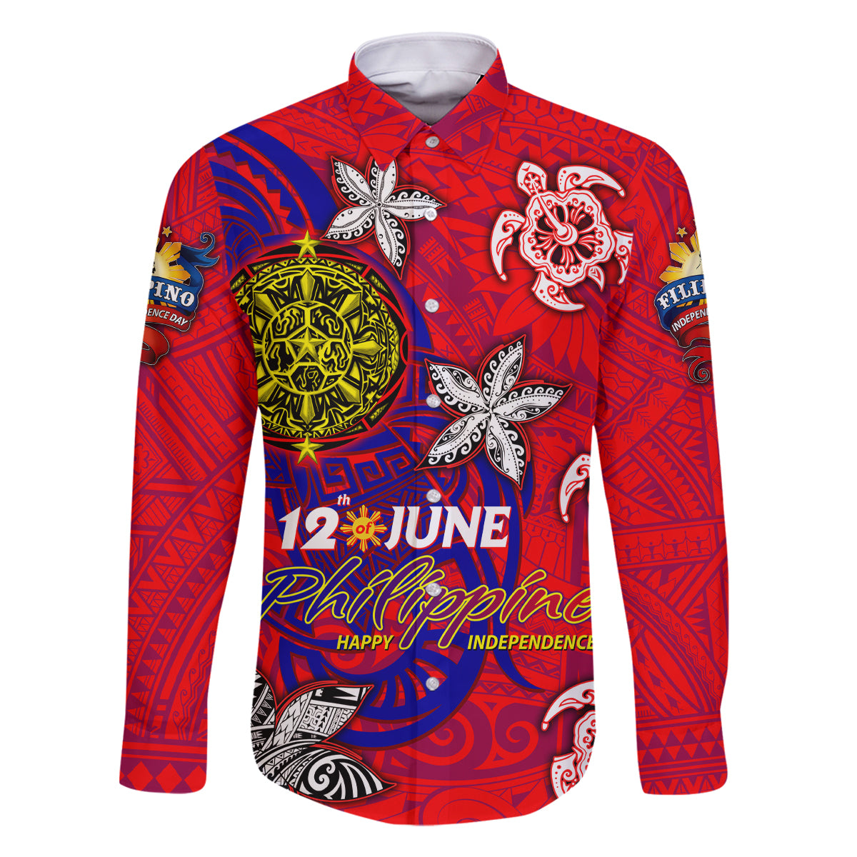 Personalized Philippines 12 June Independence Day Family Matching Long Sleeve Bodycon Dress and Hawaiian Shirt Polynesian Turtle Plumeria DT02 Dad's Shirt - Long Sleeve Red - Polynesian Pride