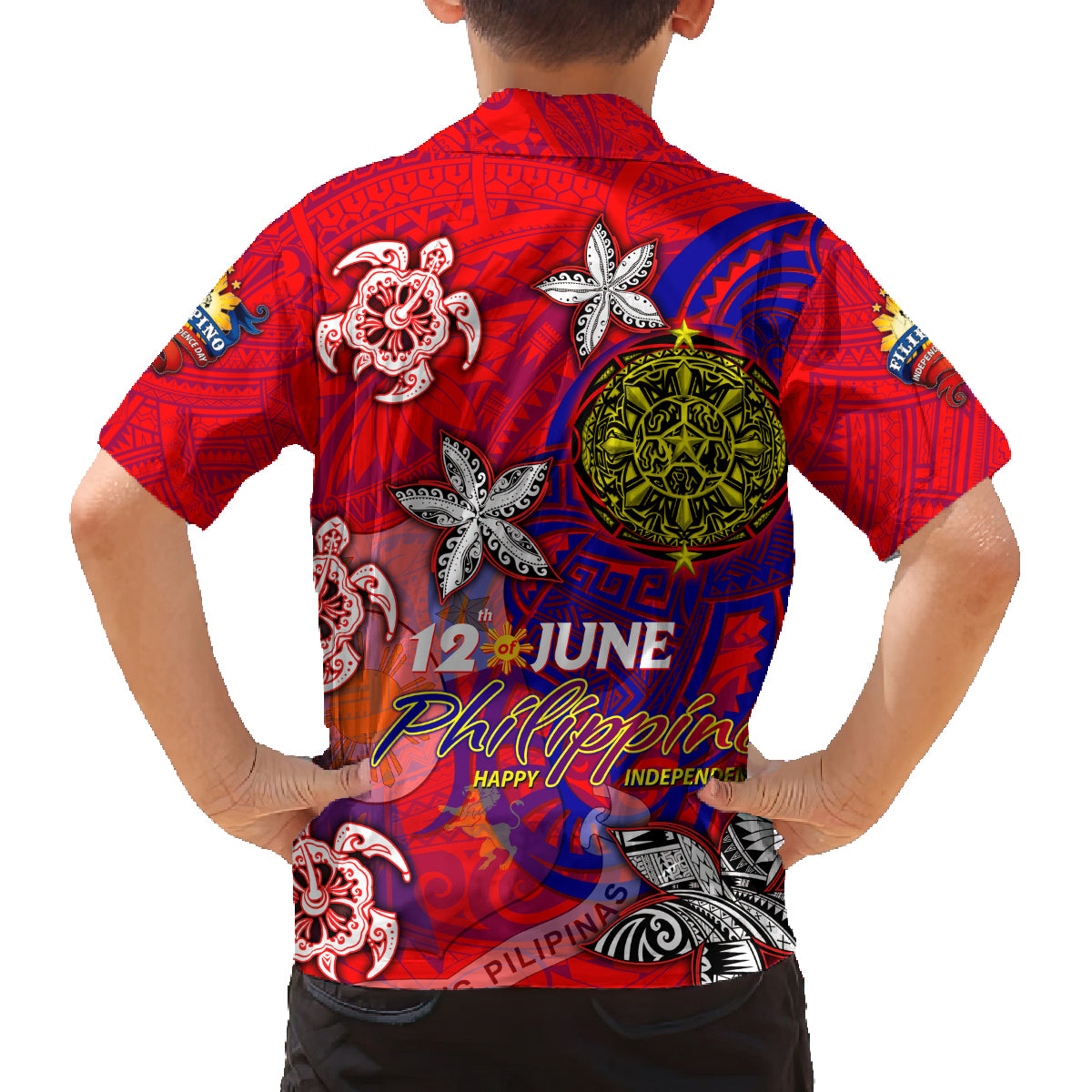Personalized Philippines 12 June Independence Day Family Matching Off Shoulder Short Dress and Hawaiian Shirt Polynesian Turtle Plumeria DT02 - Polynesian Pride