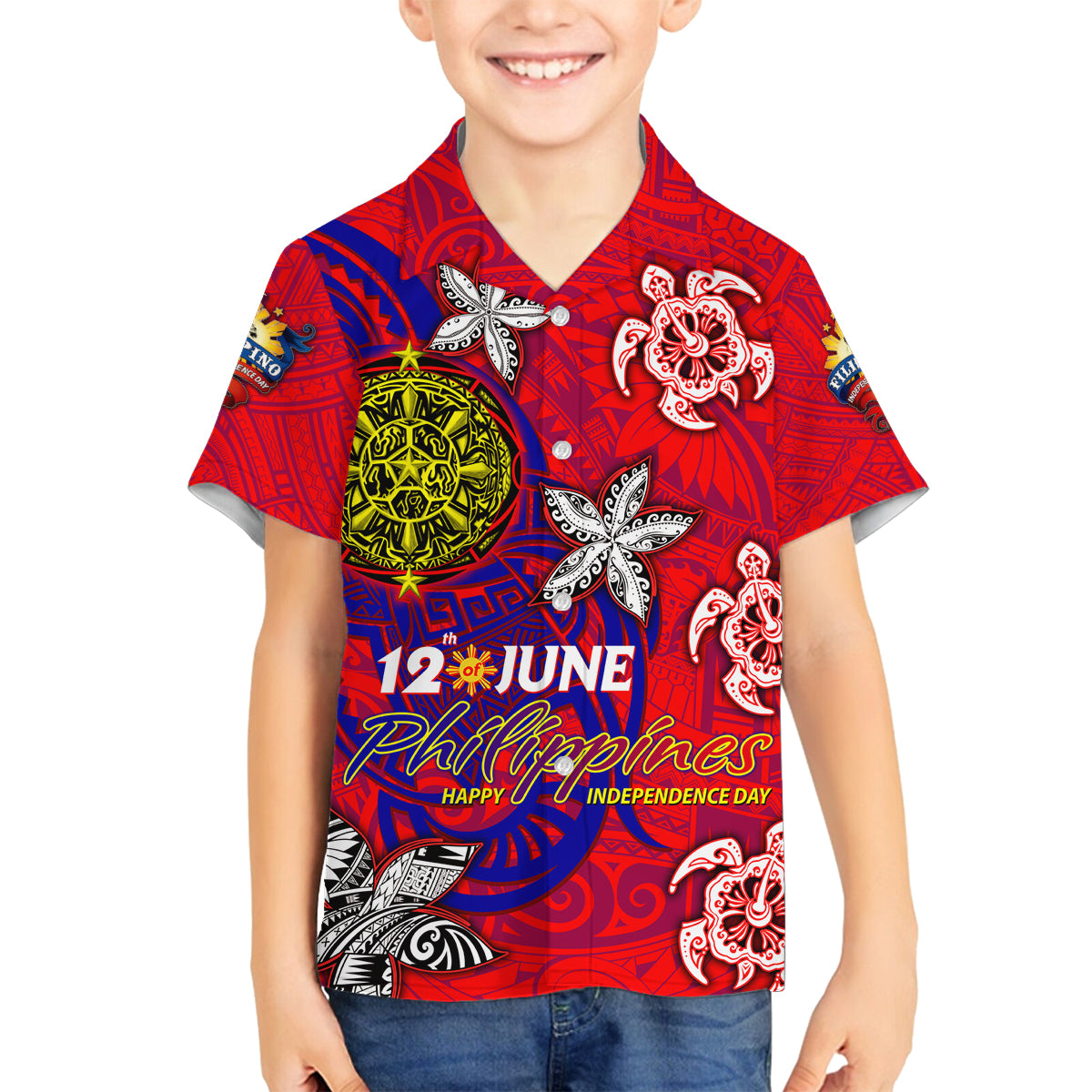 Personalized Philippines 12 June Independence Day Family Matching Off Shoulder Short Dress and Hawaiian Shirt Polynesian Turtle Plumeria DT02 Son's Shirt Red - Polynesian Pride