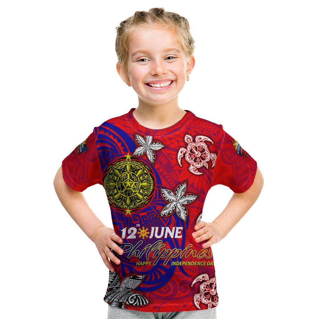 Personalized Philippines 12 June Independence Day Kid T Shirt Polynesian Turtle Plumeria DT02 Red - Polynesian Pride