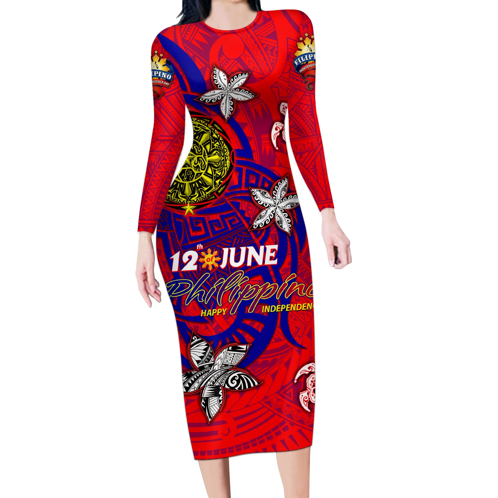 Personalized Philippines 12 June Independence Day Long Sleeve Bodycon Dress Polynesian Turtle Plumeria DT02 Long Dress Red - Polynesian Pride