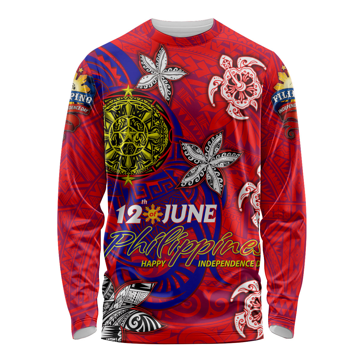 Personalized Philippines 12 June Independence Day Long Sleeve Shirt Polynesian Turtle Plumeria DT02 Unisex Red - Polynesian Pride