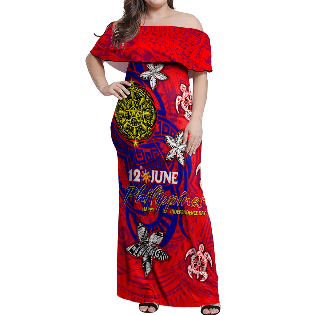 Personalized Philippines 12 June Independence Day Off Shoulder Maxi Dress Polynesian Turtle Plumeria DT02 Women Red - Polynesian Pride