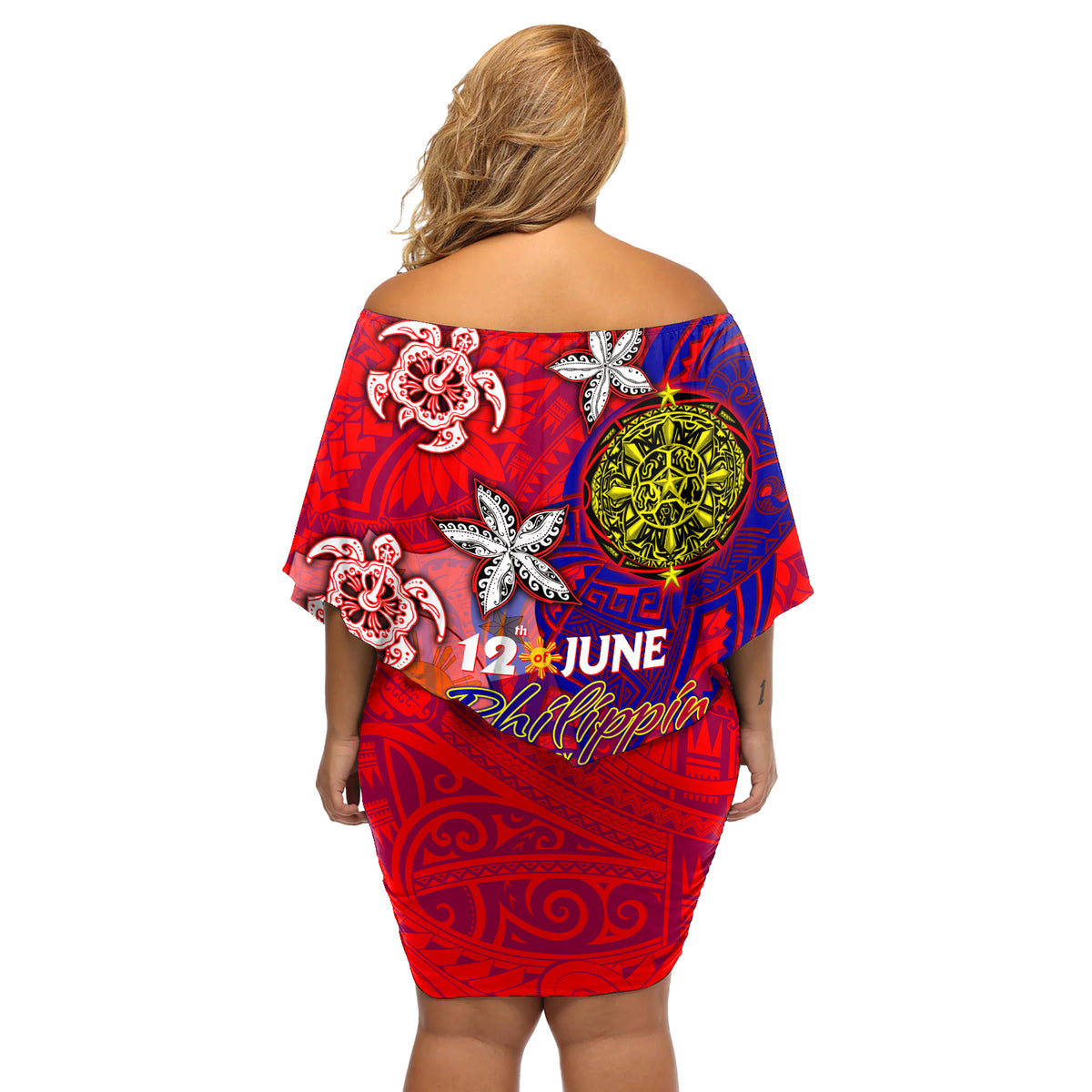 Personalized Philippines 12 June Independence Day Off Shoulder Short Dress Polynesian Turtle Plumeria