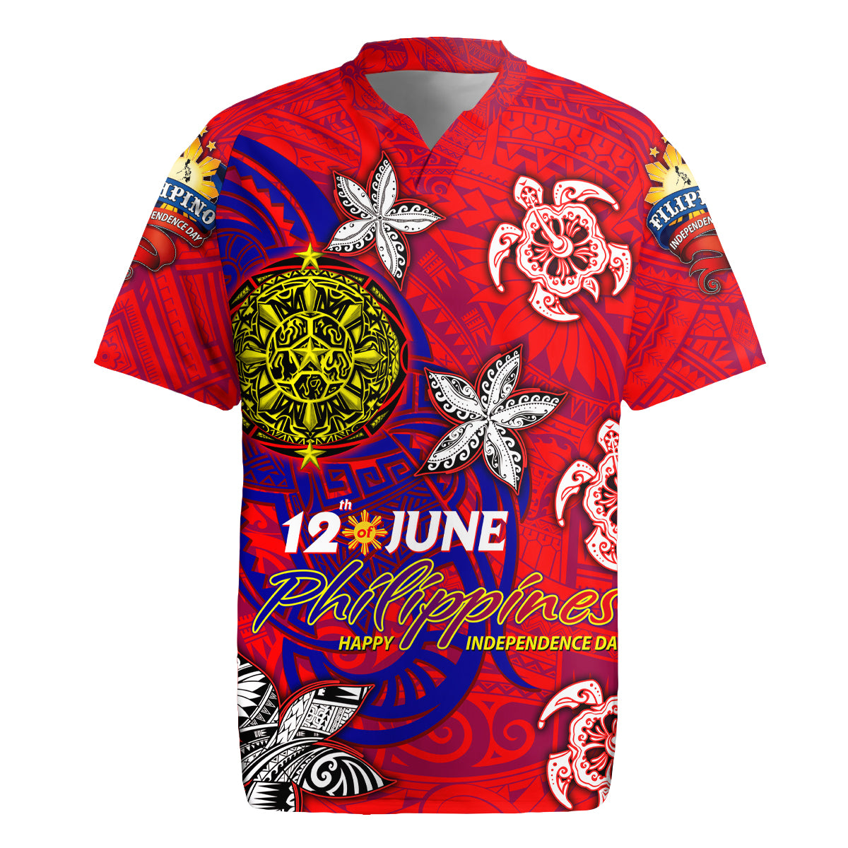 Personalized Philippines 12 June Independence Day Rugby Jersey Polynesian Turtle Plumeria DT02 Red - Polynesian Pride