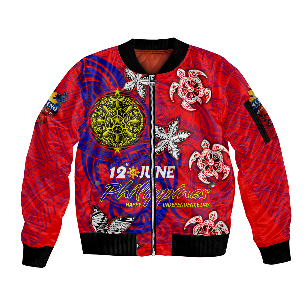 Personalized Philippines 12 June Independence Day Sleeve Zip Bomber Jacket Polynesian Turtle Plumeria DT02 Unisex Red - Polynesian Pride