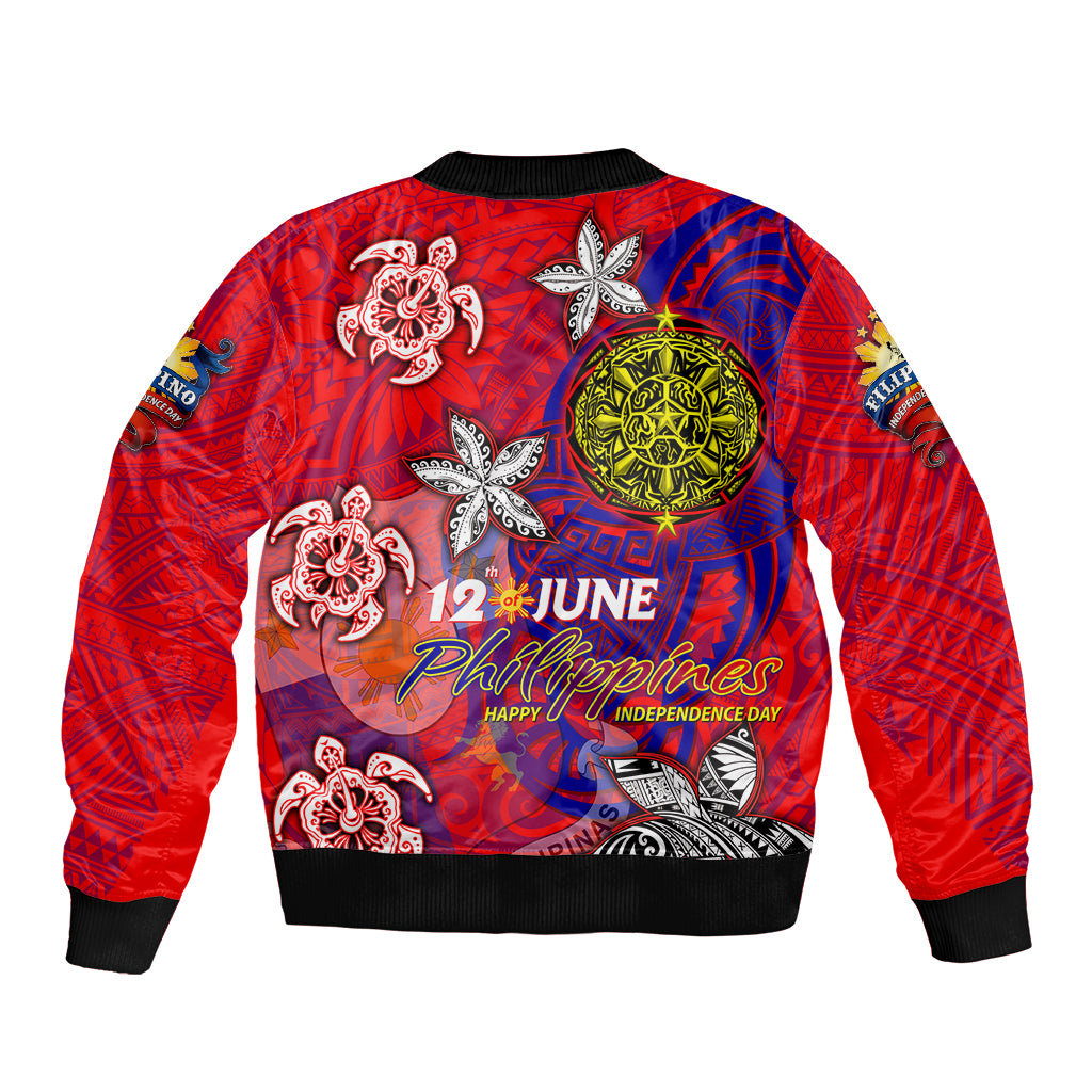 Personalized Philippines 12 June Independence Day Sleeve Zip Bomber Jacket Polynesian Turtle Plumeria