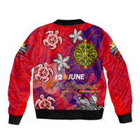 Personalized Philippines 12 June Independence Day Sleeve Zip Bomber Jacket Polynesian Turtle Plumeria