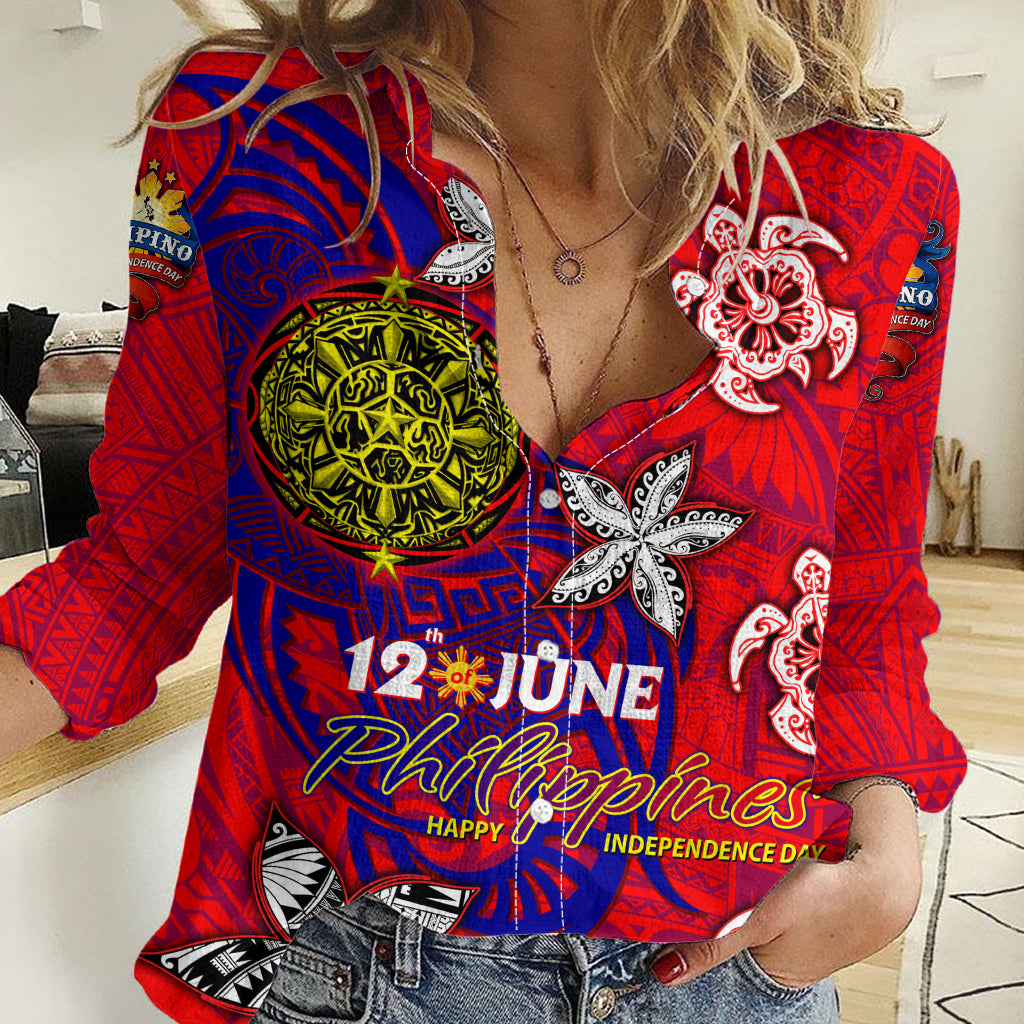Personalized Philippines 12 June Independence Day Women Casual Shirt Polynesian Turtle Plumeria DT02 Female Red - Polynesian Pride