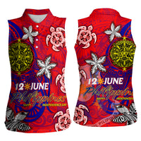 Personalized Philippines 12 June Independence Day Women Sleeveless Polo Shirt Polynesian Turtle Plumeria
