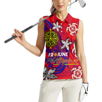 Personalized Philippines 12 June Independence Day Women Sleeveless Polo Shirt Polynesian Turtle Plumeria