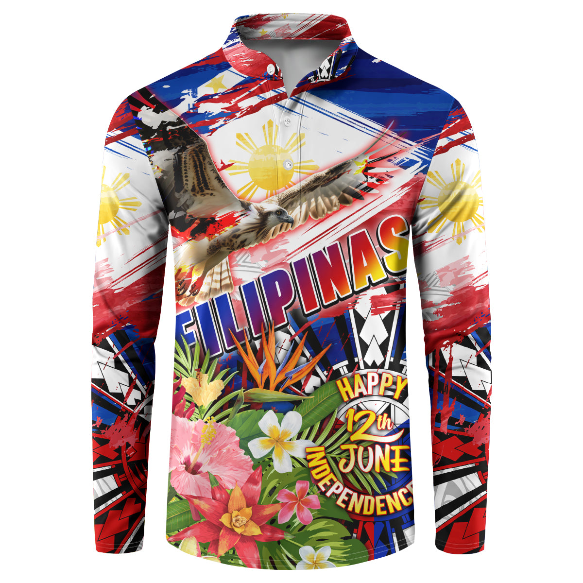 Personalized Philippines Independence Day Button Sweatshirt Polynesia Filipinas Eagle Hibiscus DT02 Blue - Polynesian Pride