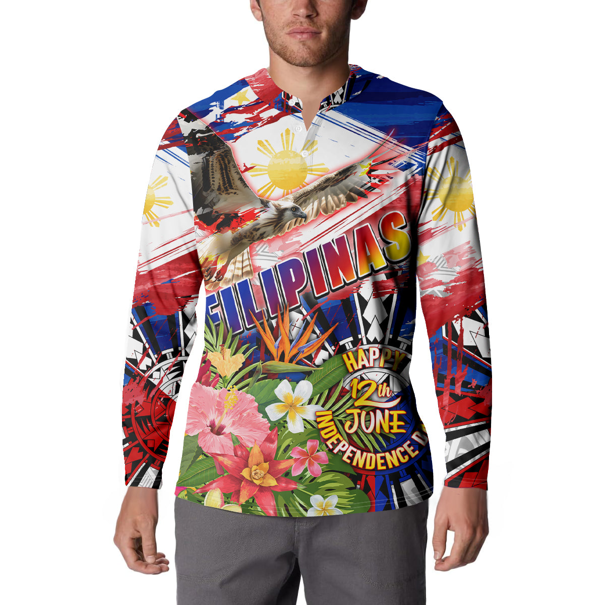 Personalized Philippines Independence Day Button Sweatshirt Polynesia Filipinas Eagle Hibiscus