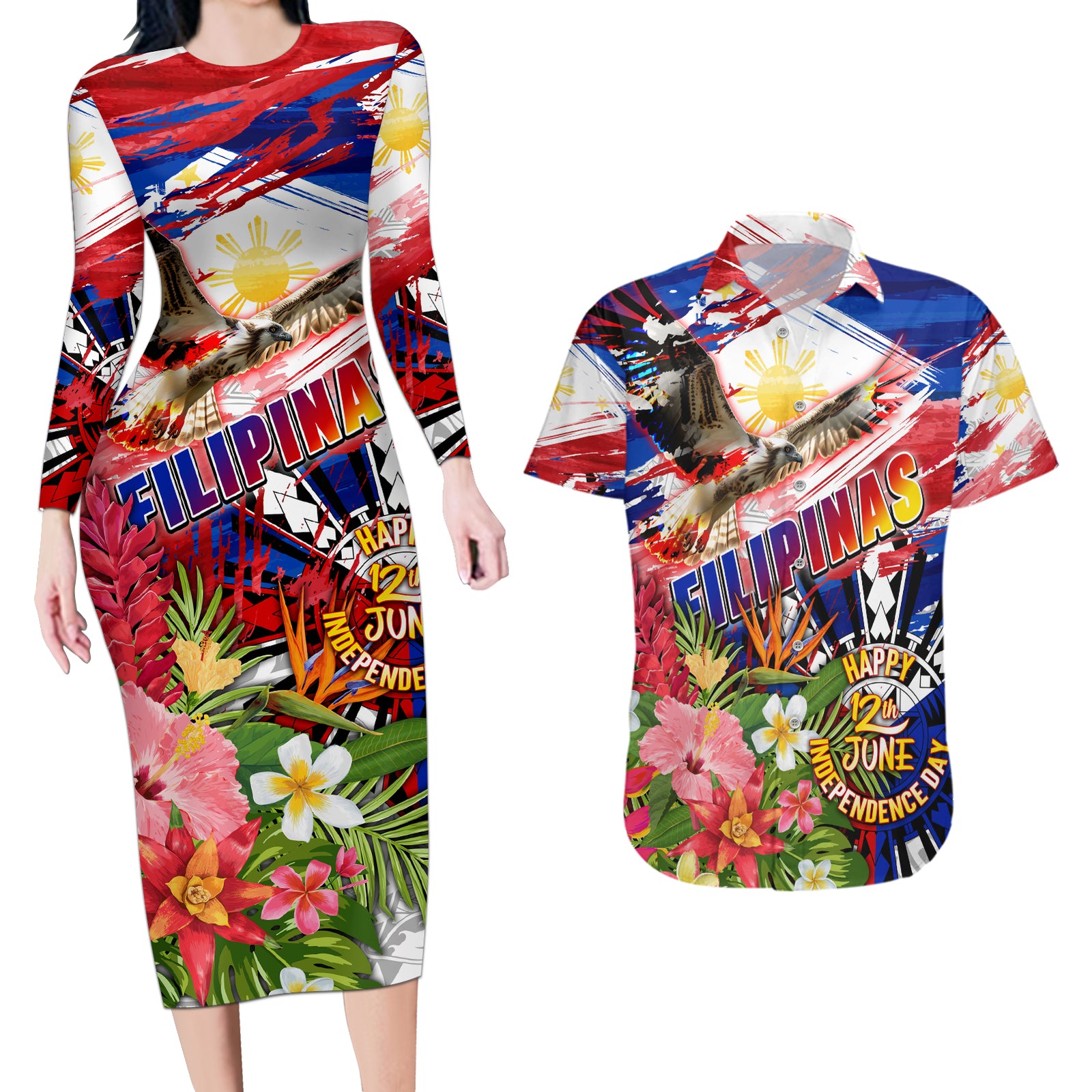 Personalized Philippines Independence Day Couples Matching Long Sleeve Bodycon Dress and Hawaiian Shirt Polynesia Filipinas Eagle Hibiscus DT02 Blue - Polynesian Pride