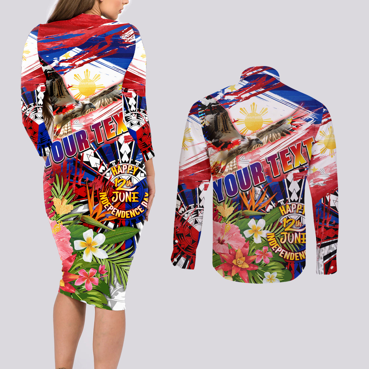 Personalized Philippines Independence Day Couples Matching Long Sleeve Bodycon Dress and Long Sleeve Button Shirt Polynesia Filipinas Eagle Hibiscus